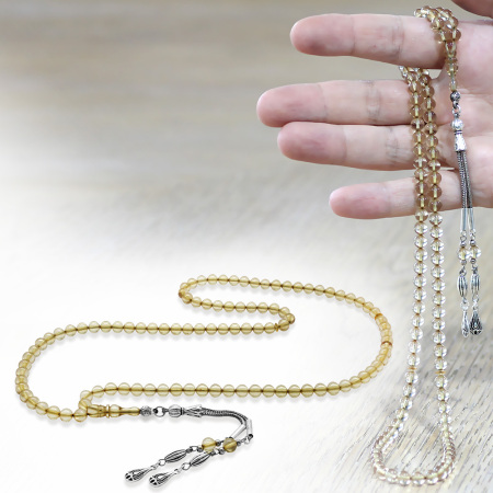 Ateş Kehribar Namaz Tesbihi - Kararmaz Metal Damla Püsküllü - Şeffaf Renk - Küre Kesim - Tesbihane