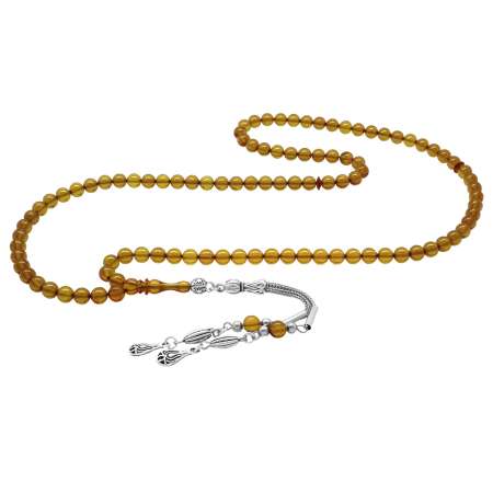 Kararmaz Metal Su Damlası Püsküllü Küre Kesim Sarı Ateş Kehribar 99 Taneli Namaz Tesbihi - Tesbihane