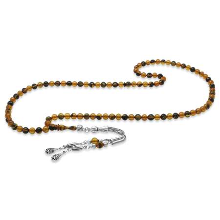 Kararmaz Metal Su Damlası Püsküllü Küre Kesim Sarı Siyah Ateş Kehribar 99 Taneli Namaz Tesbihi - Tesbihane