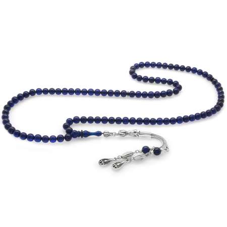 Kararmaz Metal Su Damlası Püsküllü Küre Kesim Lacivert Sıkma Kehribar 99 Taneli Namaz Tesbihi - Tesbihane