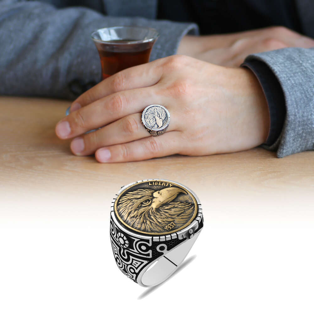 Oval Tasarım Özgürlük Kartalı Temalı 925 Ayar Gümüş Erkek Yüzük - 1
