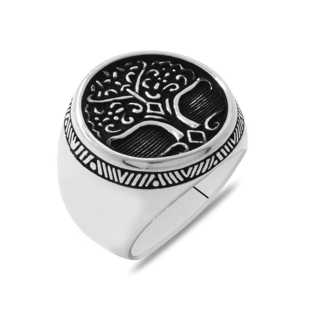 Oval Tasarım Soyağacı Temalı 925 Ayar Gümüş Erkek Yüzük - 3